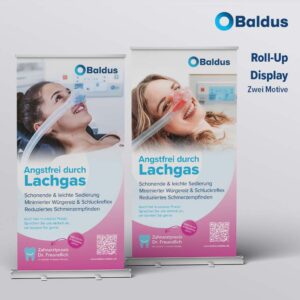 Praxis Roll-Up Displays "Angstfrei durch Lachgas" - Für Ihr Praxismarketing zur Bewerbung der Lachgassedierung. Verschiedene Motive